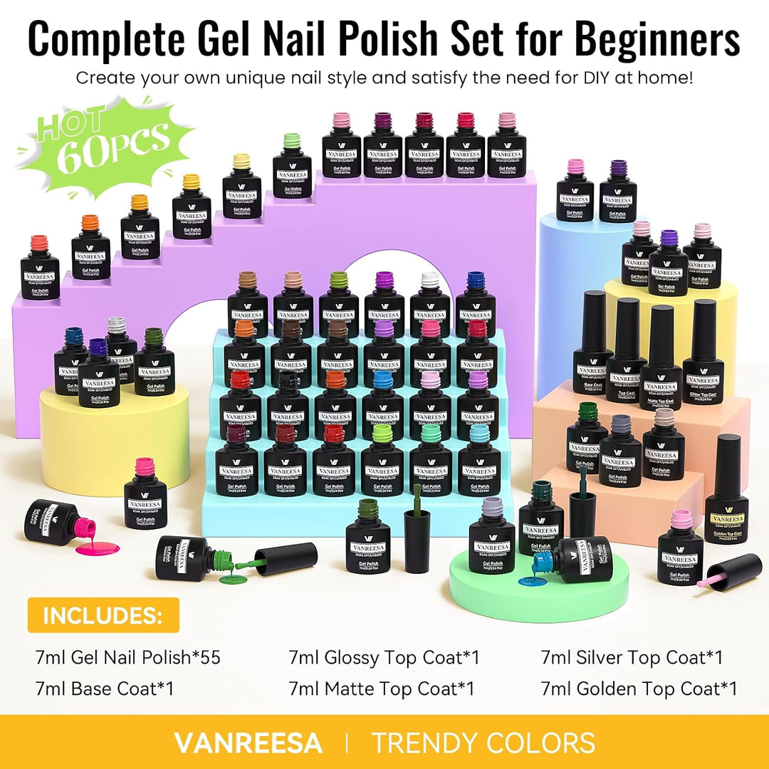 VANREESA Juego de 60 esmaltes de uñas de gel, 55 colores, primavera...