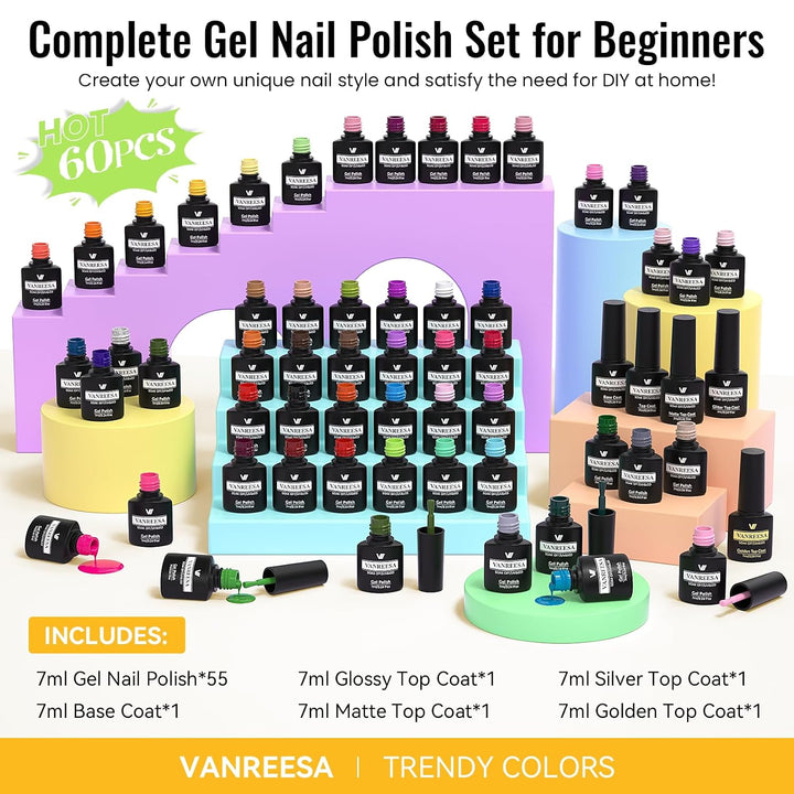 VANREESA Juego de 60 esmaltes de uñas de gel, 55 colores, primavera...