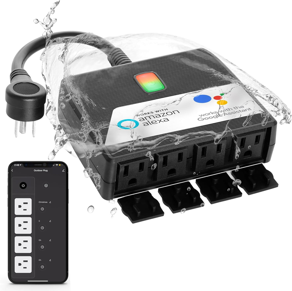 Regleta de Alimentación Inteligente para Exteriores de Servicio Pesado, Enchufe WiFi con Toma Resistente al Agua, Cable de Extensión de Alimentación Eléctrica, Interruptor de Salida y Temporizador