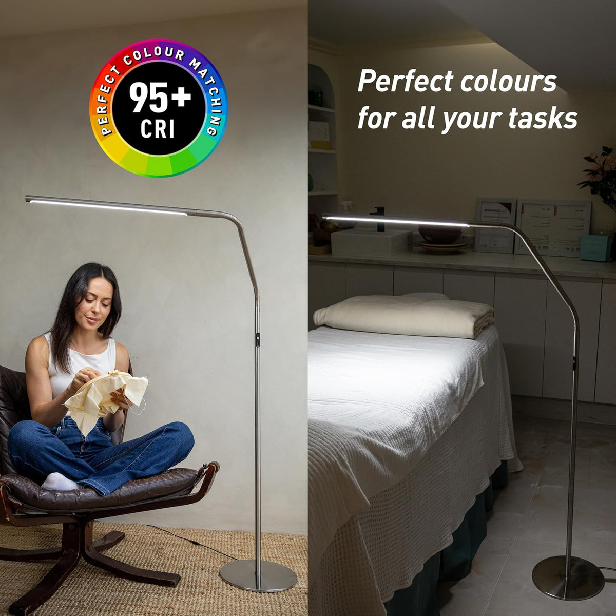 Lámpara Daylight Slimline - Lámpara de pie con 4 LED, 6000 K, diseño flexible, acero cepillado