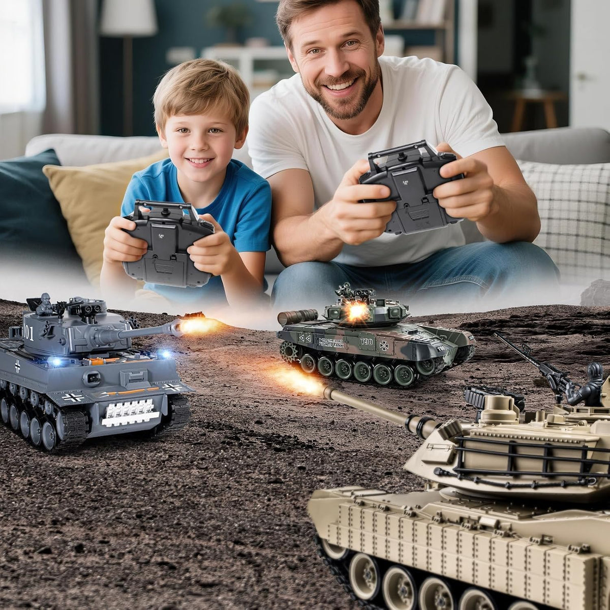 1/18 M1A2 Abrams - Tanque a control remoto de 2.4 G que dispara BBS con humo, sonido y luces, juguete modelo ejército de control remoto de 165 pies, vehículo militar todo terreno para mayores de 8 años