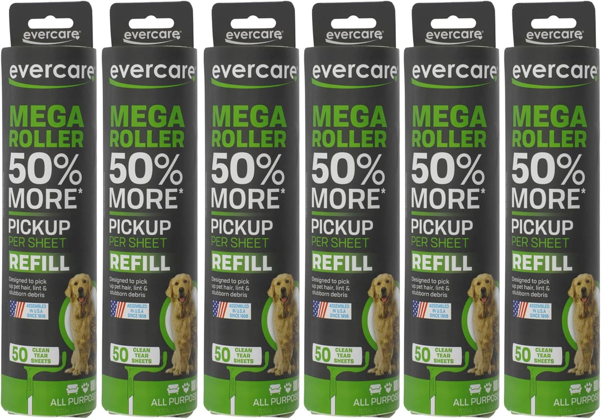 Evercare Paquete de 6 repuestos de rodillo mega para mascotas de superficie grande de 10 pulgadas de ancho, 50 hojas cada uno (300 hojas en total)