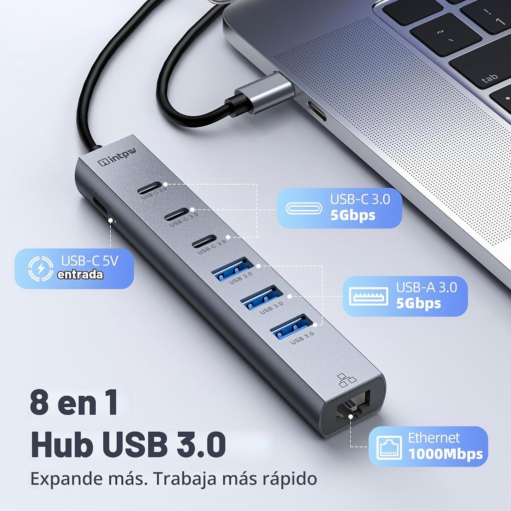 intpw, hub USB 3.0 de 8 puertos, adaptador 5V/3A