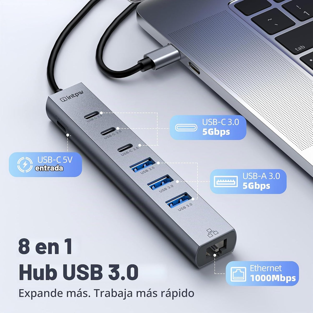 intpw, hub USB 3.0 de 8 puertos, adaptador 5V/3A