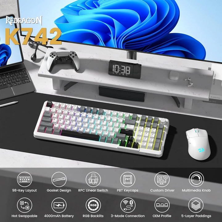 Redragon K742 Teclado mecánico inalámbrico para juegos con perilla,...
