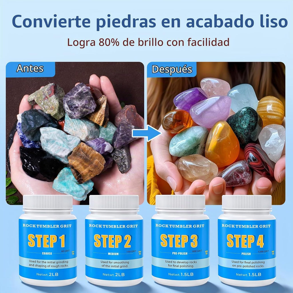 Kit de recambio de grano y pulido de grano grande de 10 libras, pulido de granos de 4 escalones, rocas de hasta 70 libras, medios de rotación doble (pellets de cerámica y plástico), ideal para