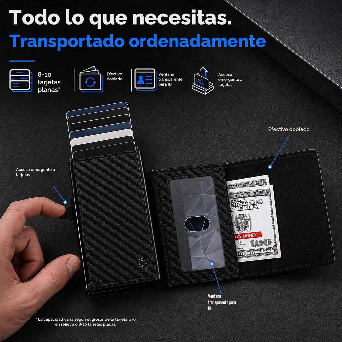 Cartera desplegable para hombre, Negro carbón, Minimalista - Capacidad para 4-6 tarjetas