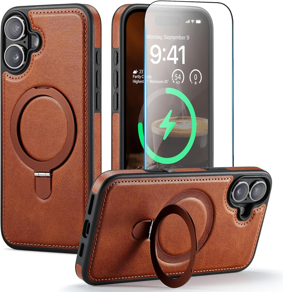 Funda para iPhone 16 con soporte compatible con Magsafe, color marrón