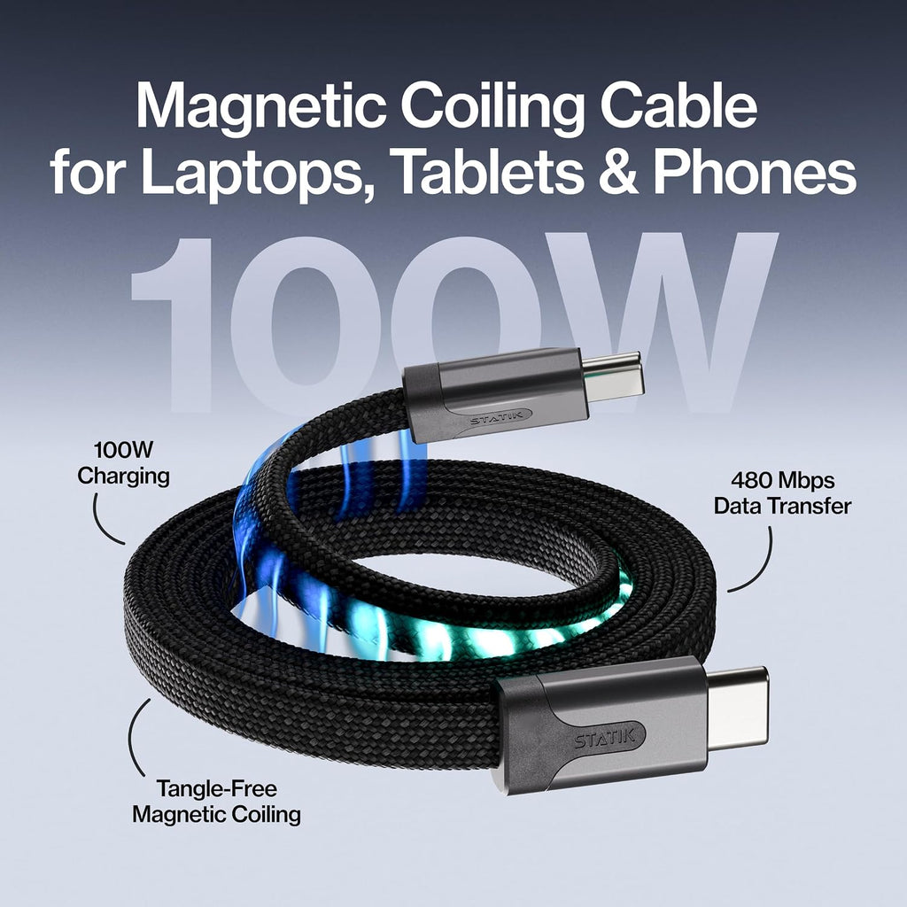 Statik MagStack Slim Pro Cable magnético de carga plano USB-C a USB-C, 100W