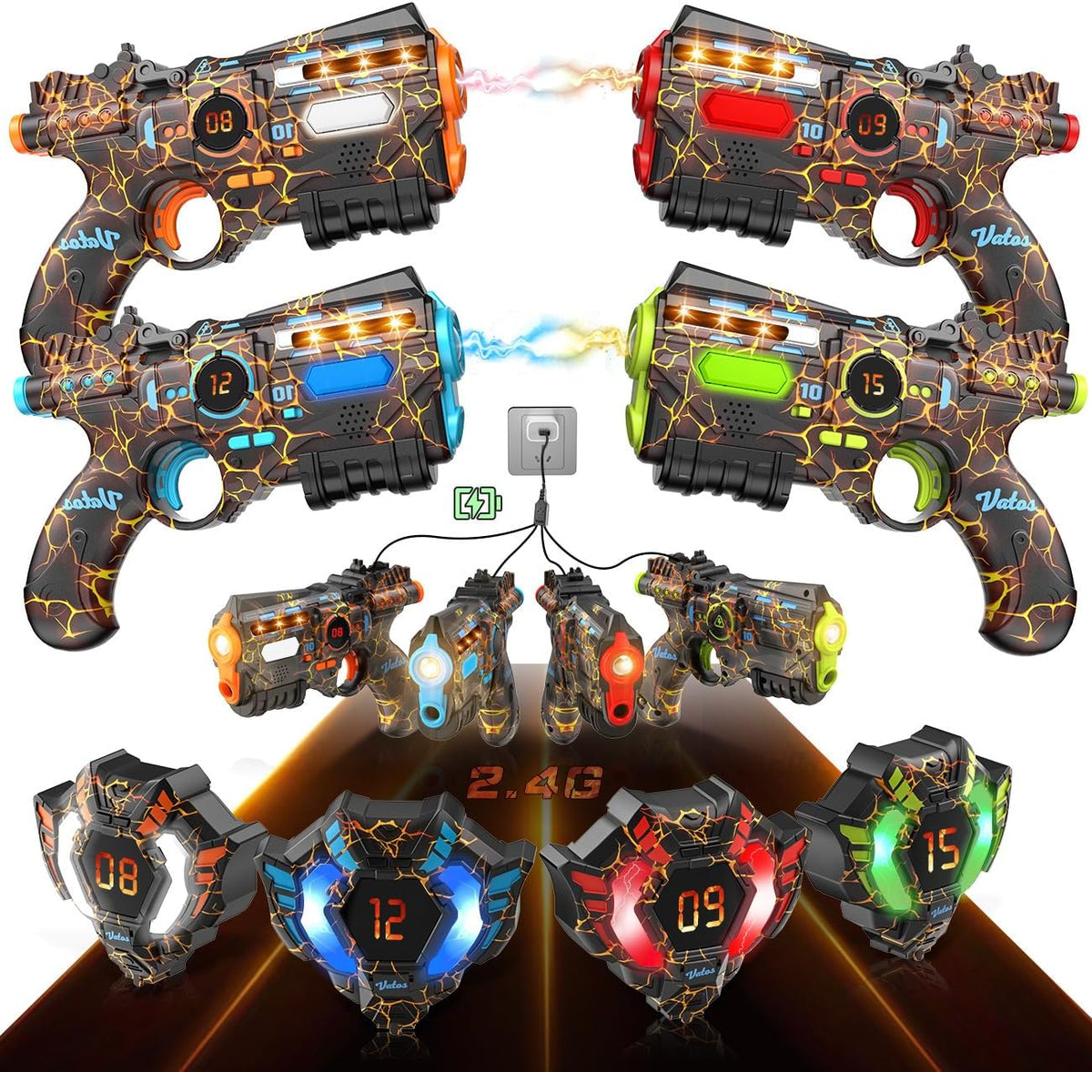 VATOS - Juego de 4 pistolas láser recargables - 2.4GHz de datos totalmente sincronizados, 4 pistolas y 4 chalecos con sensores - Pistolas láser geniales para cumpleaños y regalos para niños