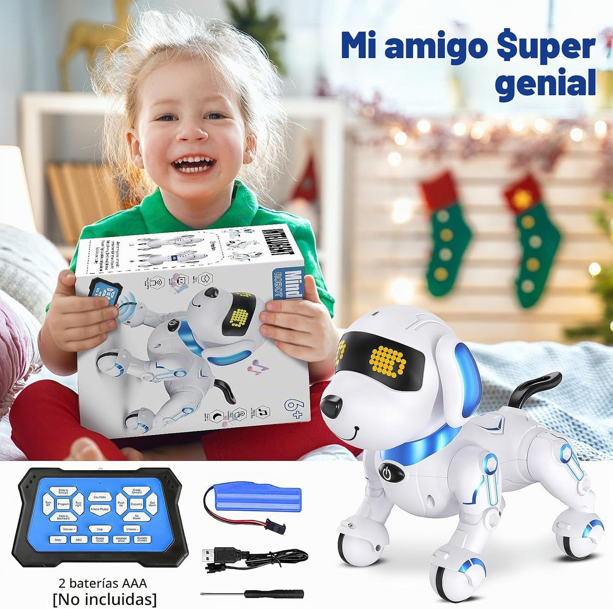 Robot Dog - Robot robot de control remoto con baile cantante, juguete para niños, 17 funciones E Interactivo Perro para 6+, programable inteligente interactivo robótico mascotas, azul y blanco
