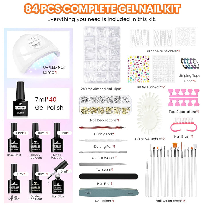 VANREESA Kit de 84 Piezas de Esmalte de Uñas en Gel con Luz UV y Pu...