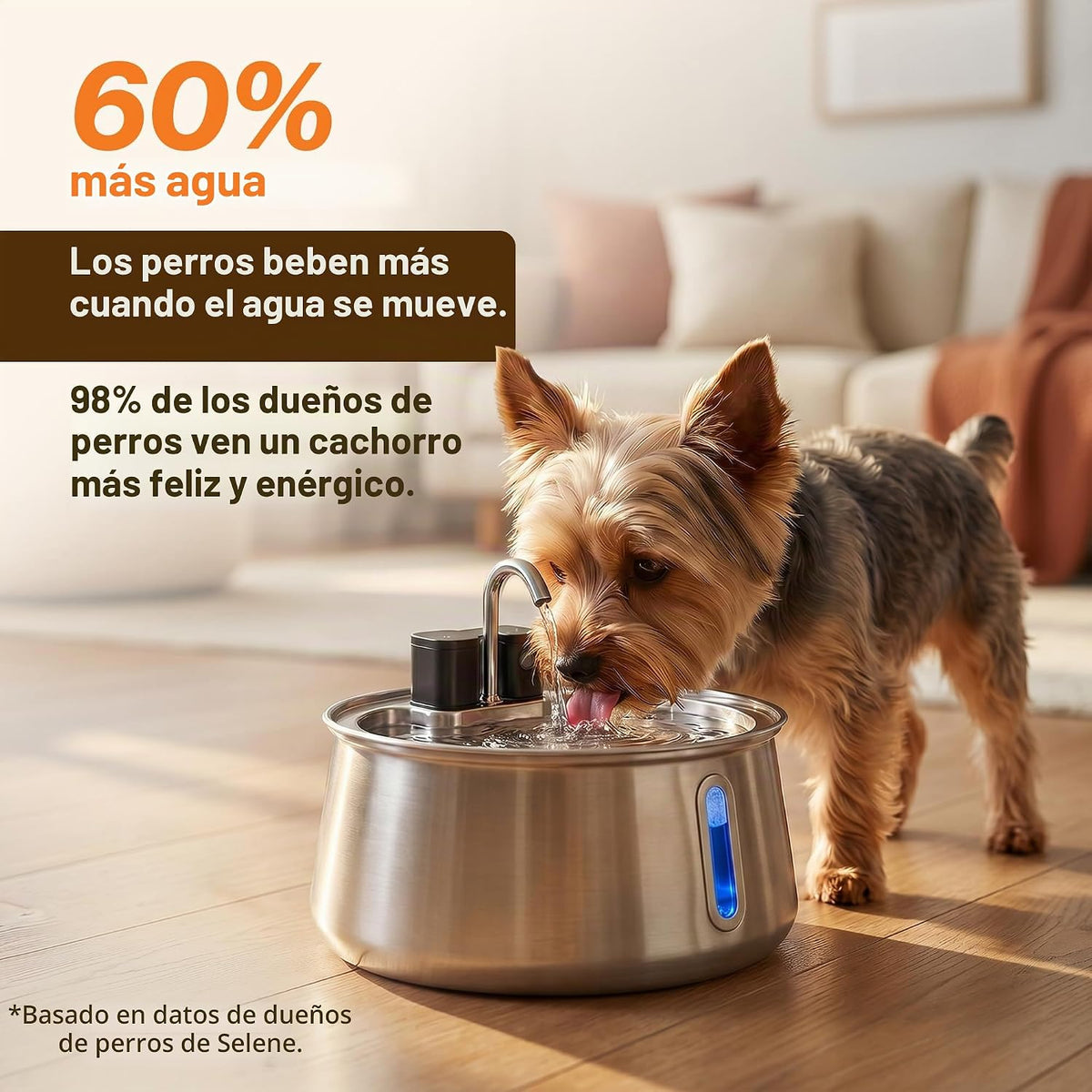 Selene - Fuente inalámbrica para perros, fuente de agua inalámbrica para perros en el interior, fuente de acero inoxidable para mascotas, filtración de 4 capas, batería de 30 días