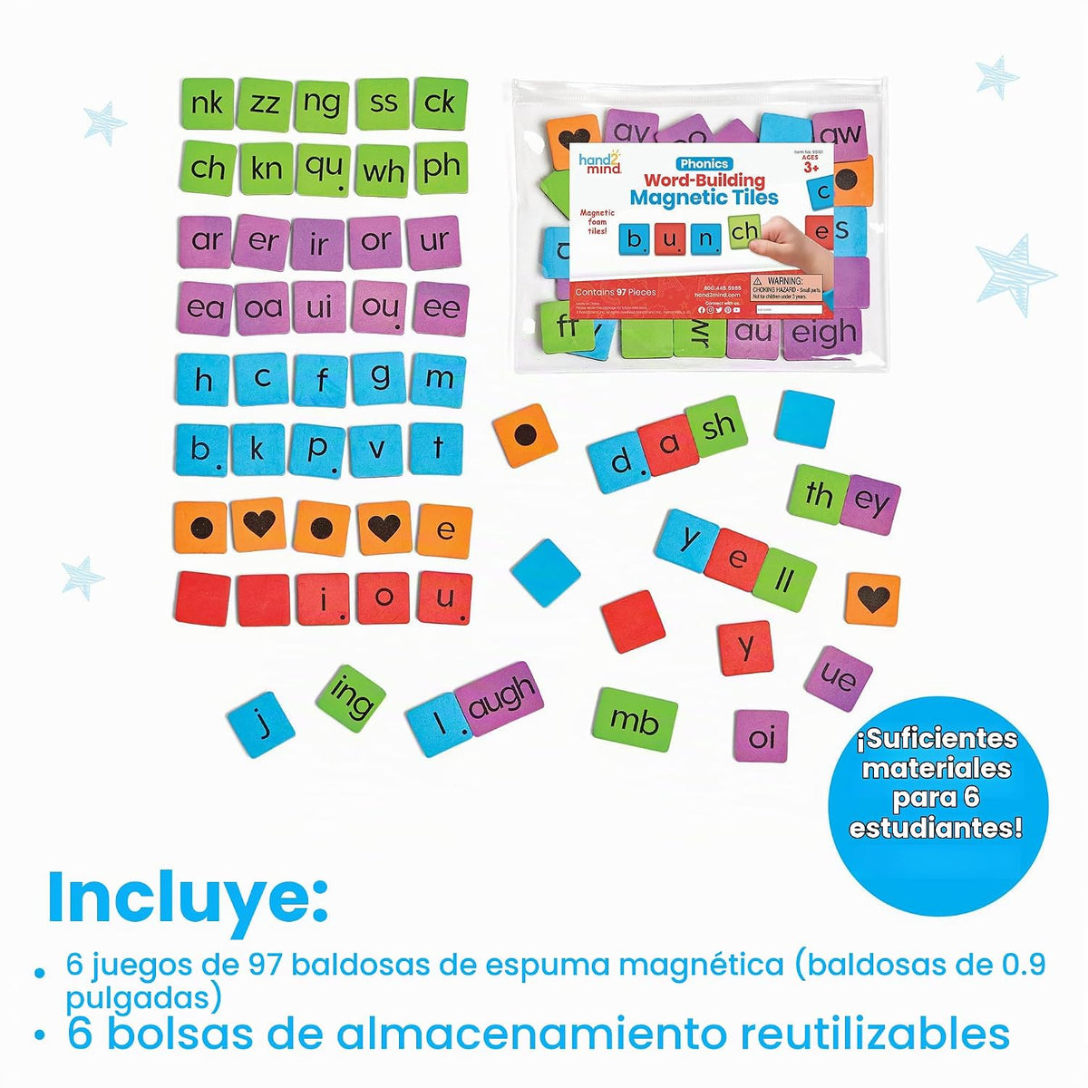 hand2mind Phonics Word-Building Magnetic Letter Tiles, Set de 6, Ages 3+