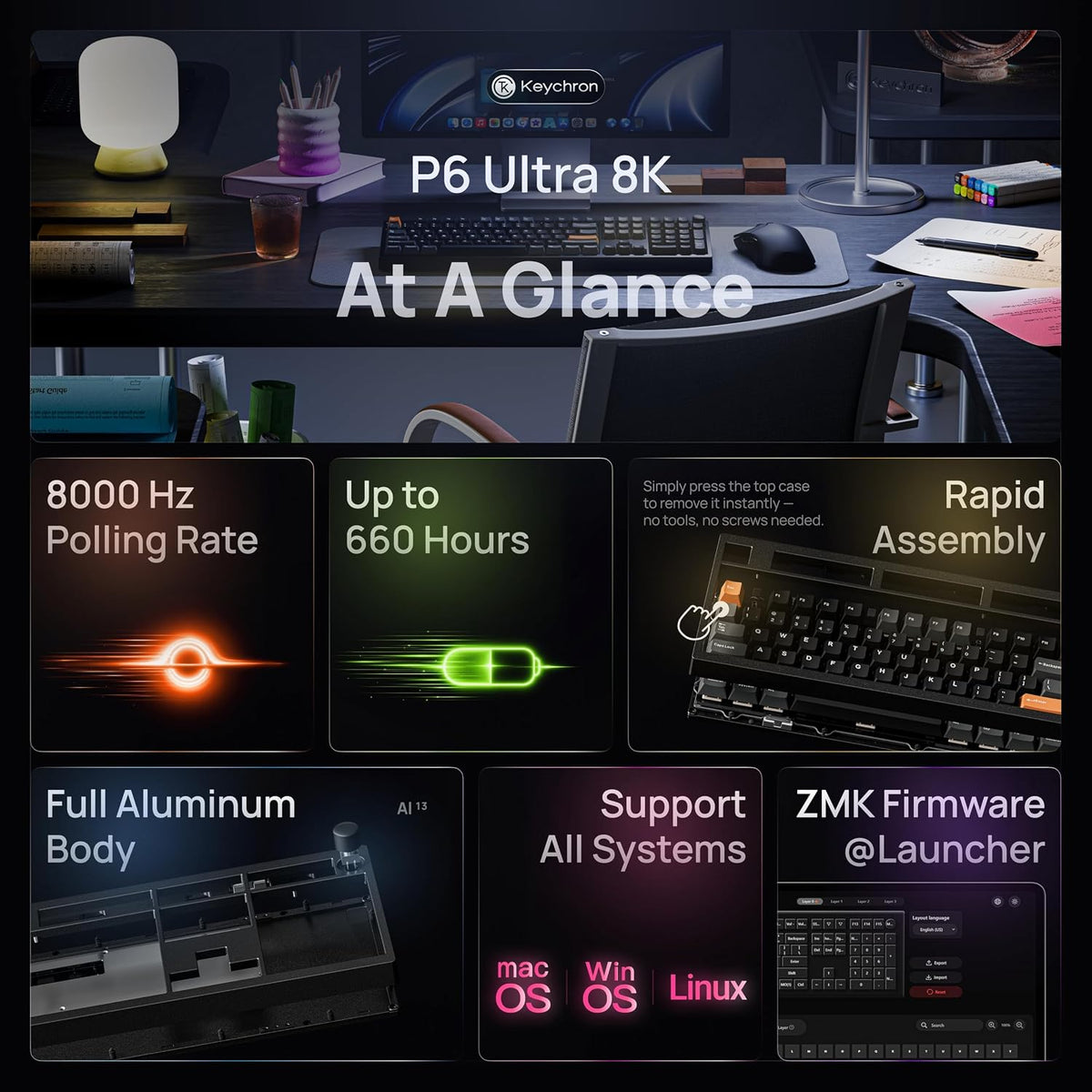 Keychron P6 Ultra Teclado Mecánico Inalámbrico de Aluminio tamaño completo, Tasa de sondeo 8K, 2.4 GHz/Bluetooth/Con cable, RGB personalizable, Hot-Swappable con Switch Silk POM Red para Mac Windows Linux - Negro