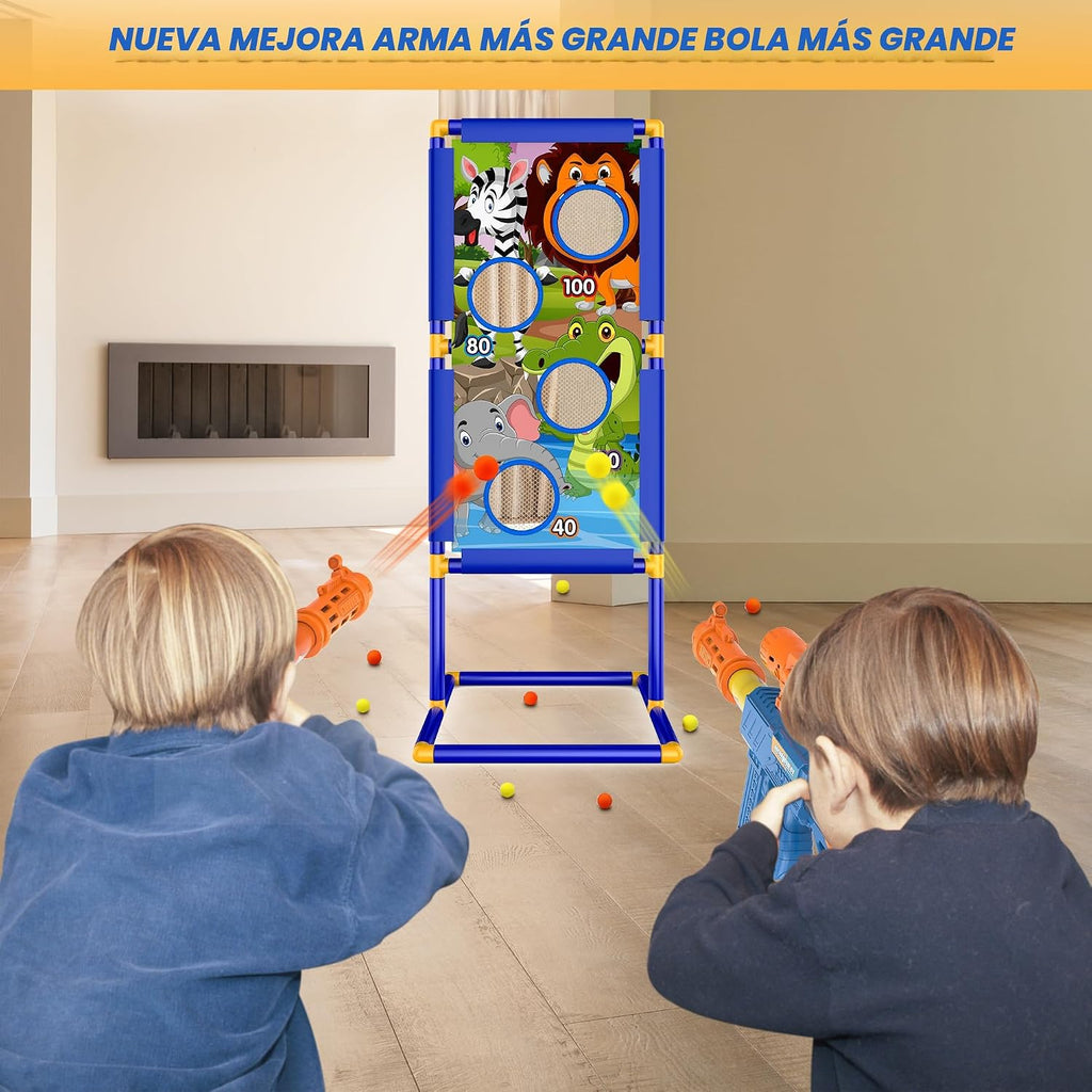 KKONES Juguete de Juego de Disparos para Niños - Pistolas de Aire de Espuma de Juguete para 2 Jugadores, 24 Balas de Espuma Popper y Objetivo de Disparo de Pie, Regalos de Cumpleaños para Niños de 3 4
