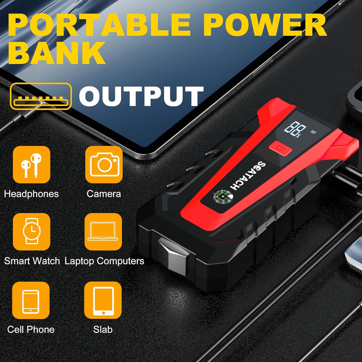 Scatach Arrancador de batería de coche de 3000 A, batería de arranque de 12 V portátil (hasta 9.0 L de gasolina y motor diesel de 7.0 L), caja de salto con 3 modos de linterna y cables de puente