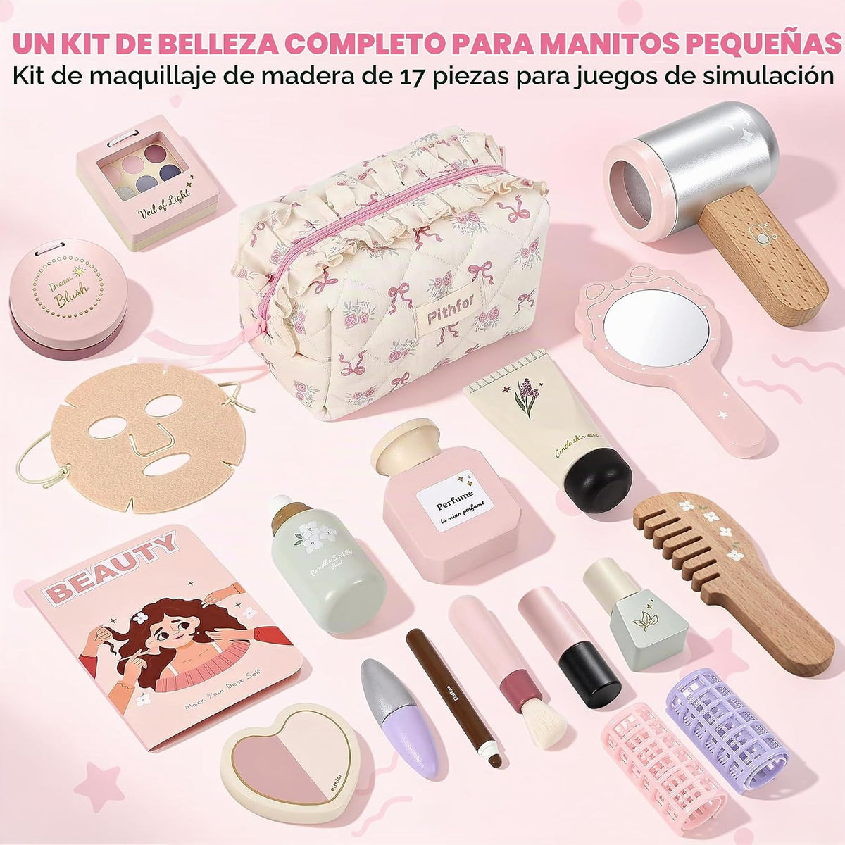 Kit de maquillaje de madera para niños pequeños de 3, 4, 5, 6, 7