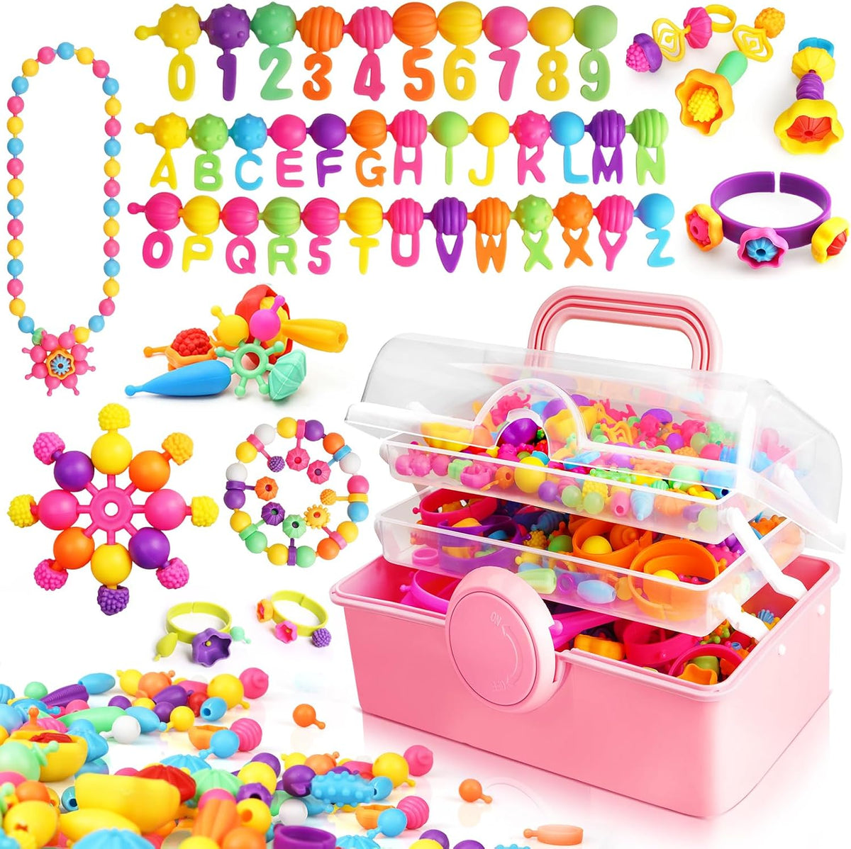 850 cuentas pop – Kit de fabricación de joyas para niñas de 3, 4, 5, 6, 7, 8 años, juguetes de artes y manualidades para niños, collar, pulsera, anillo, banda para el cabello, juego de broches de presión creatividad, regalos de cumpleaños para niños