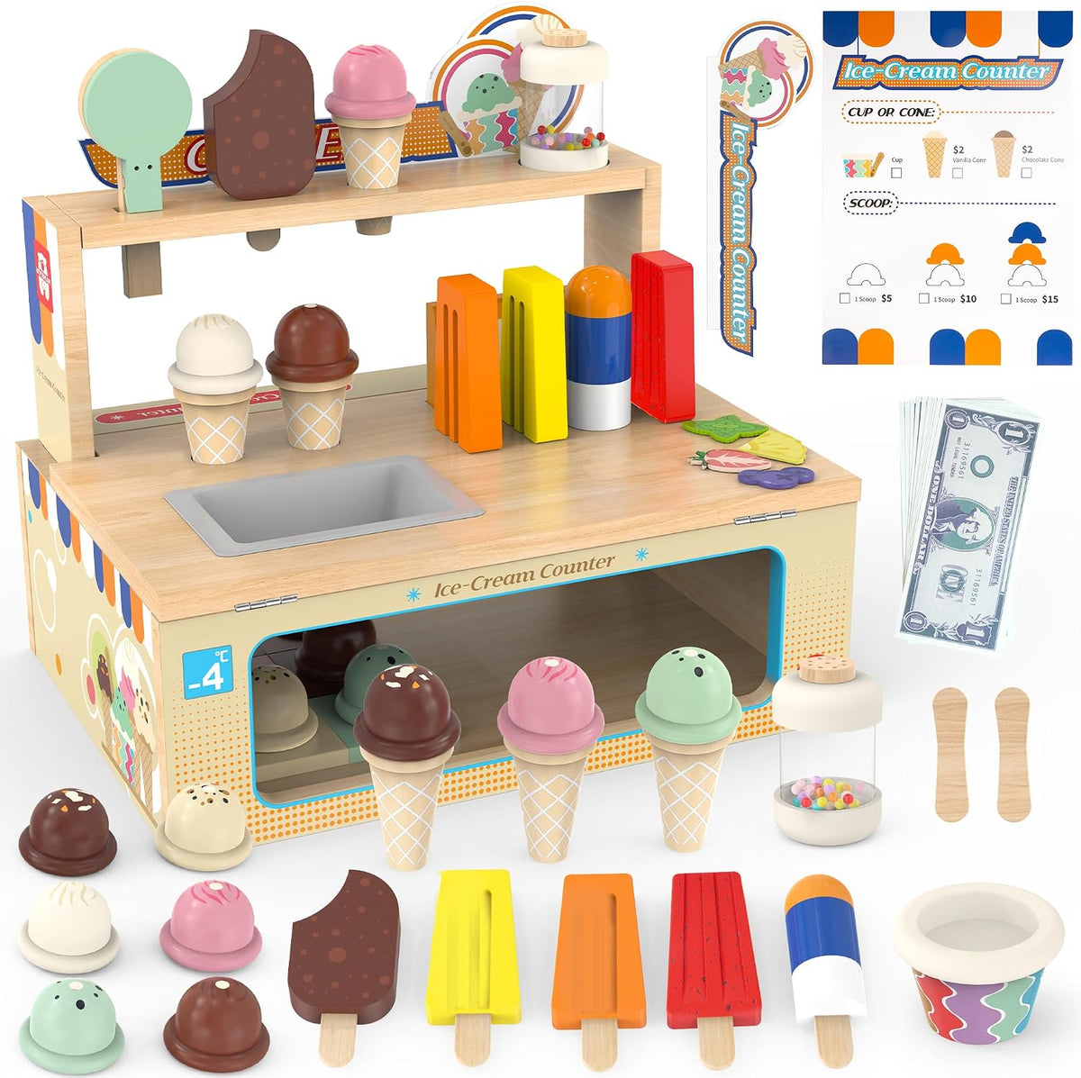 WOODMAM Juguete de madera plegable del helado, tienda de la comida del