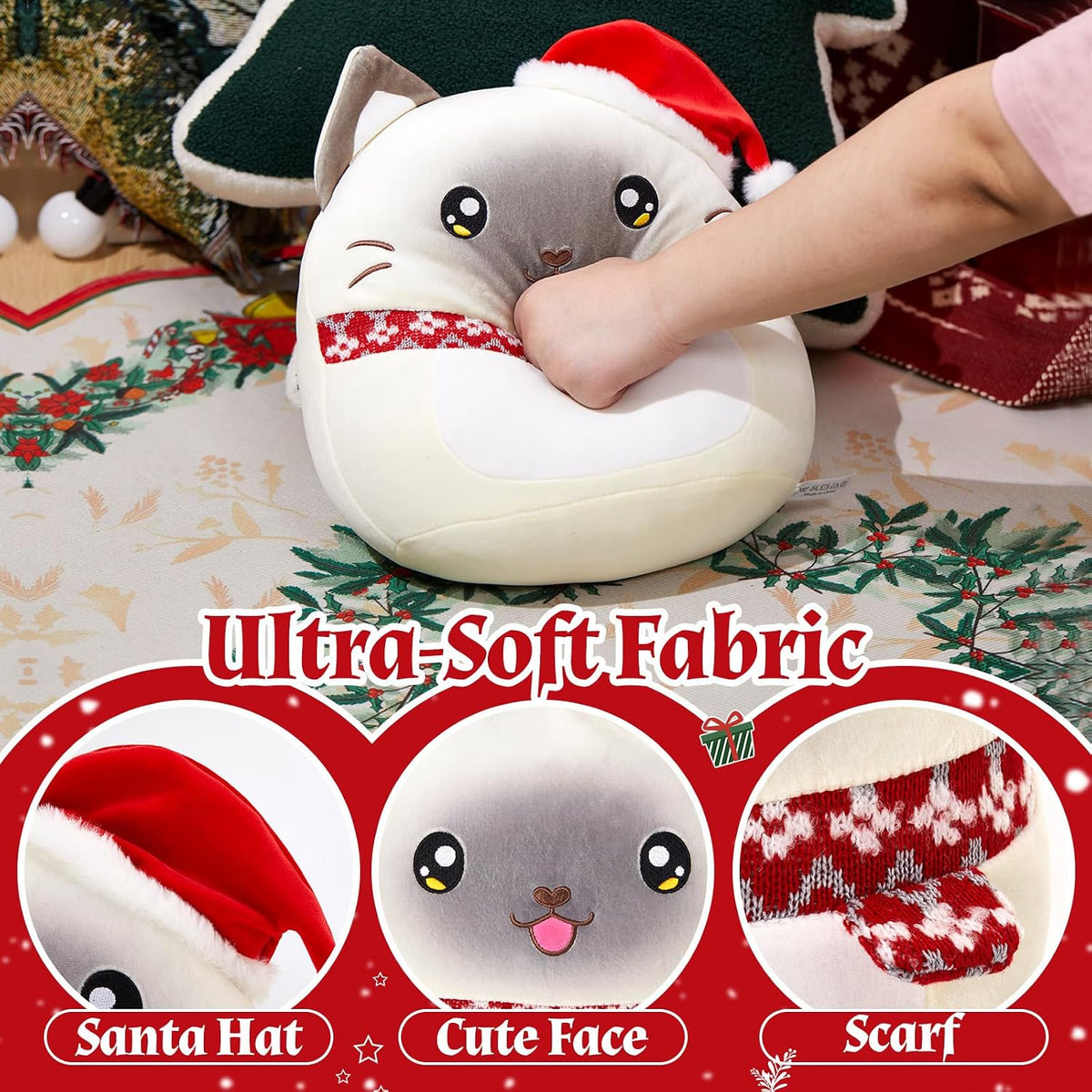 Athionsu - Almohada de felpa de gato de Navidad de 14 pulgadas con sombrero de Papá Noel, animal de peluche suave y tierno para decoración de Navidad y regalos, adorable almohada blanda para niños