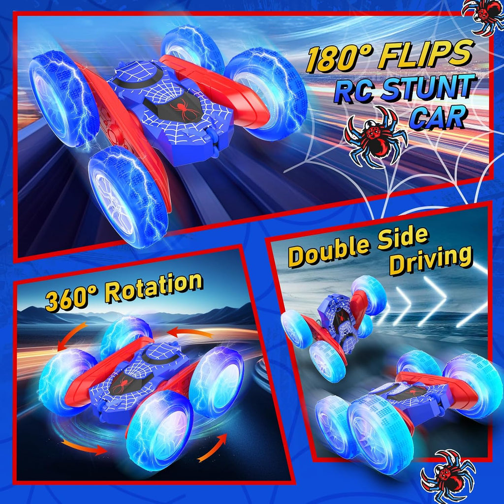 NQD - Coche de control remoto de araña - Vehículo de acrobacia RC de doble cara con rotación de 360° y luces en las ruedas, autos RC todoterreno 4WD de 2.4Ghz recargables para interiores/exteriores
