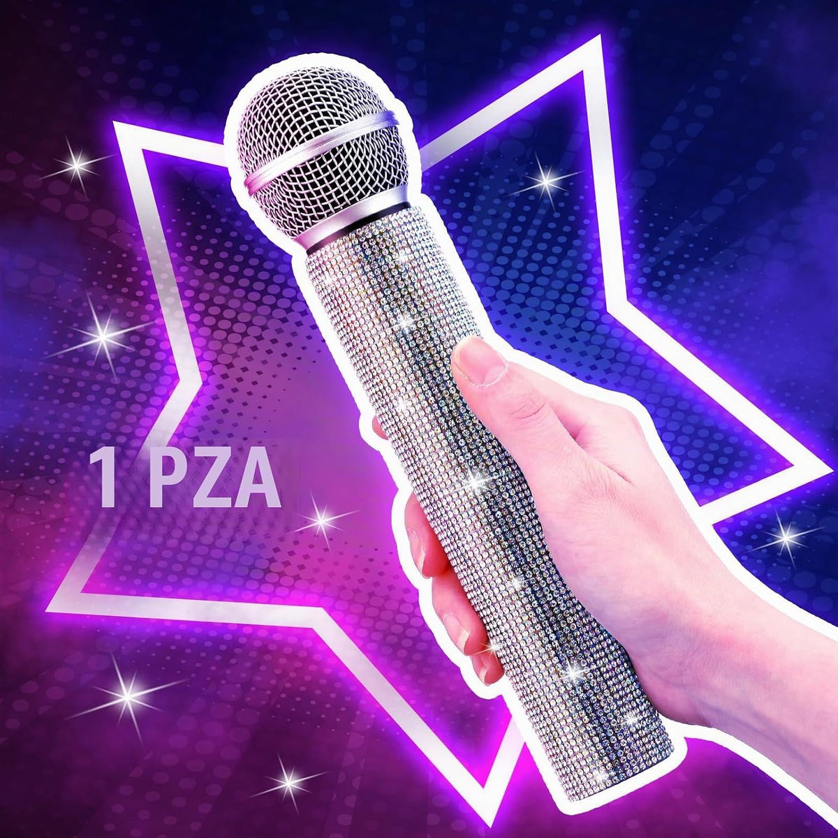 Micrófono falso con diamantes de imitación brillantes, micrófono de juego de plástico con purpurina para disfraz de fiesta de cosplay (color AB)