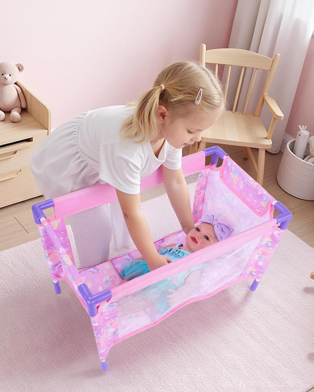 BABESIDE Juego de cuna de muñeca de bebé con ropa de cama y accesor...