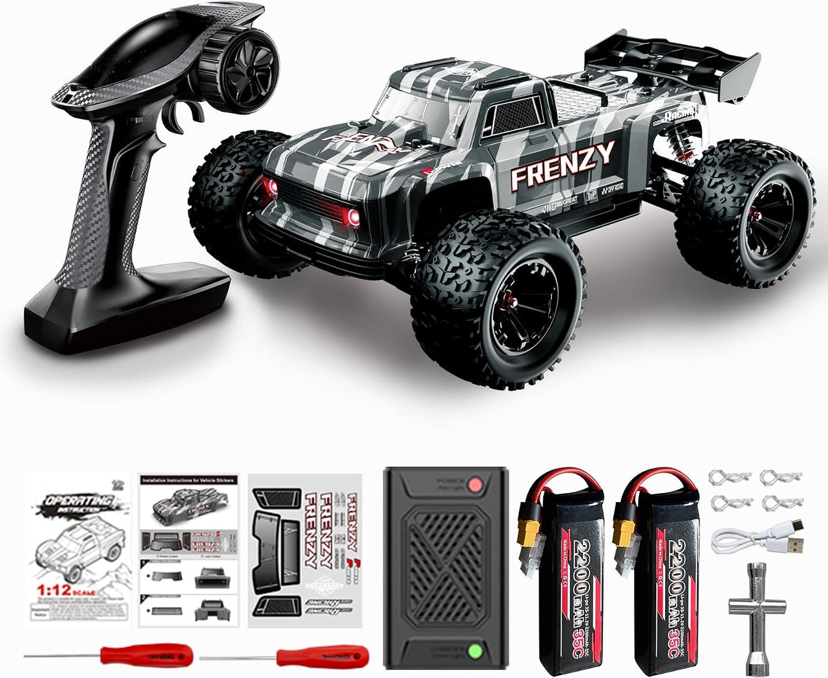 1:12 4WD RC Monster Truck Motor sin escobillas, 70+km/h de alta velocidad, doble batería Li-Po 3S con cargador de equilibrio, impermeable, todo terreno, control remoto, para adultos