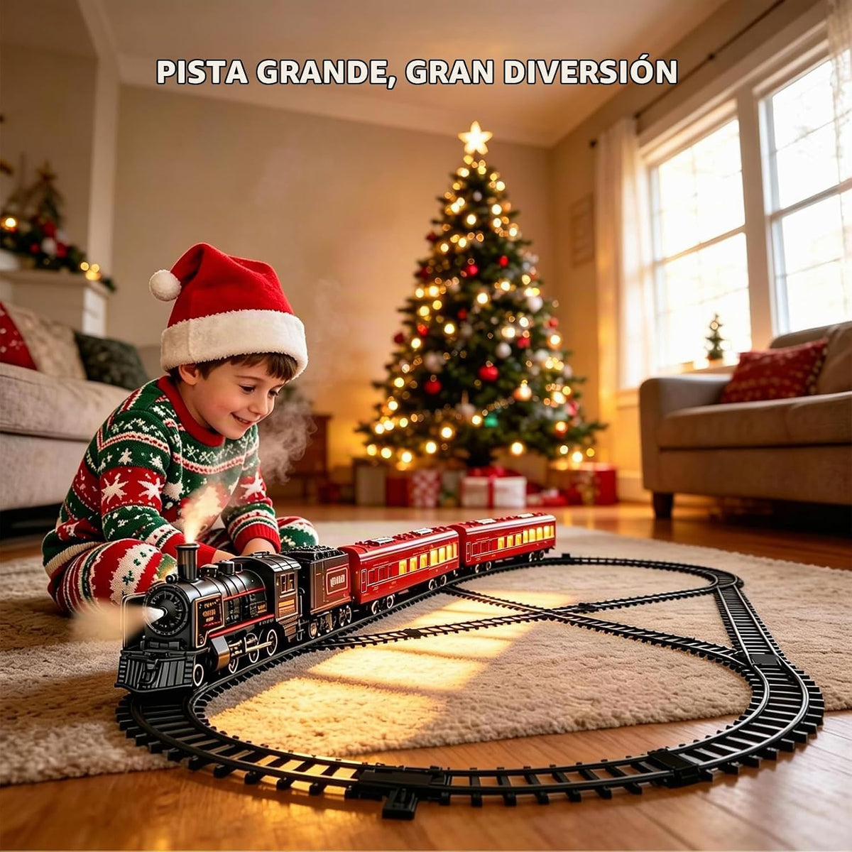 Juegos de tren eléctrico para niños, juguetes de tren de Navidad de aleación de metal, locomotora de vapor, vagones de pasajeros brillantes, pistas de lujo, luz y sonidos, regalos de cumpleaños recargables para niños y niñas, color rojo