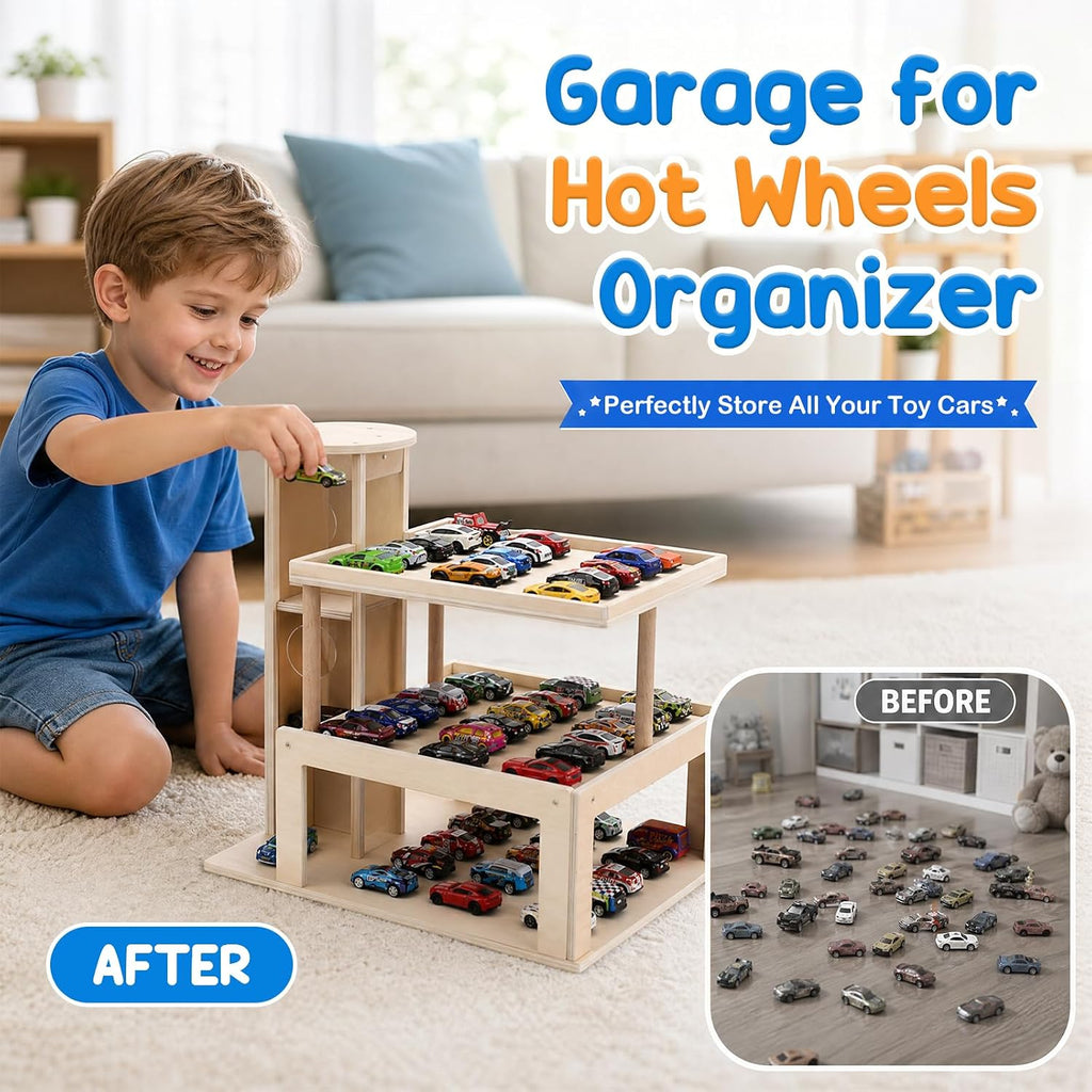 Garaje de 3 niveles para con coche de juguete con ascensor y rampa de