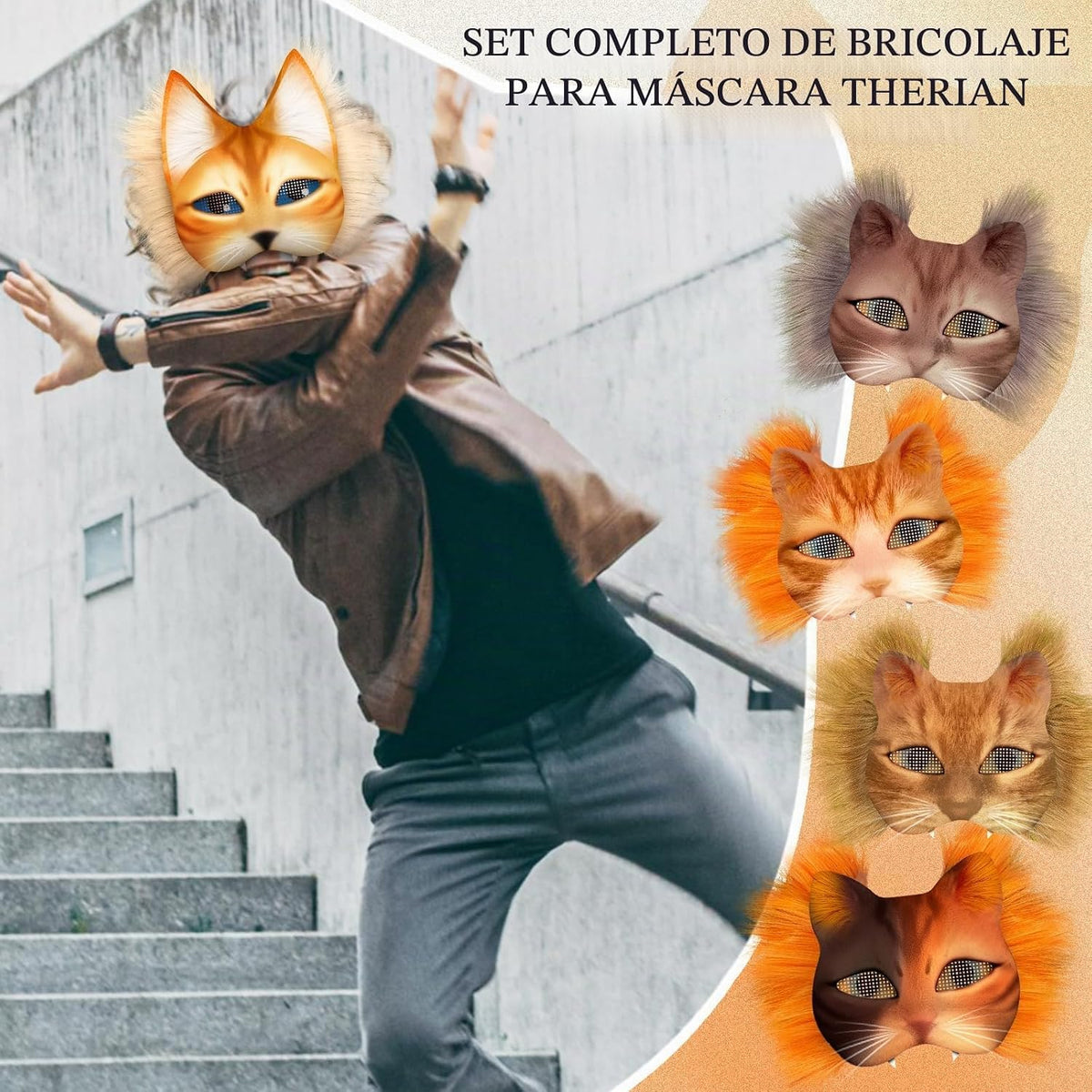 Kit de Máscara DIY Therian de 33 Piezas para Principiantes Incluye Máscara de Gato en Blanco, Tela de Piel Sintética, Tela de Fieltro, Malla de Plástico (Colores Brillantes)