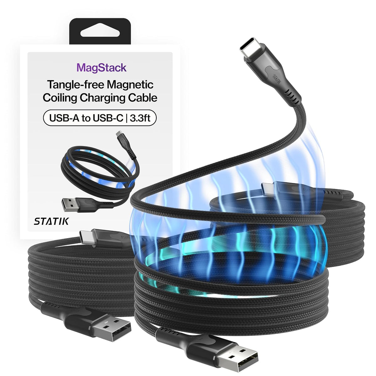 Statik MagStack - Cable de carga magnética USB A a USB C, 27 W, diseño trenzado de nailon, sin enredos, bobina magnética, transferencia de datos, compatible con iPhone y Android, 3 pies, negro