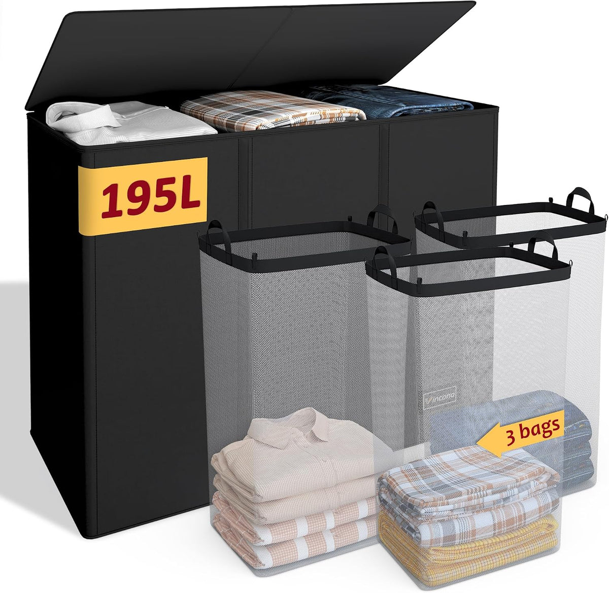 Cesta de lavandería de 3 secciones de 195 litros, cesta grande para la ropa sucia con 3 bolsas interiores, cesta organizadora plegable para lavandería, dormitorio, cesta clasificadora de lavandería, 3 compartimentos