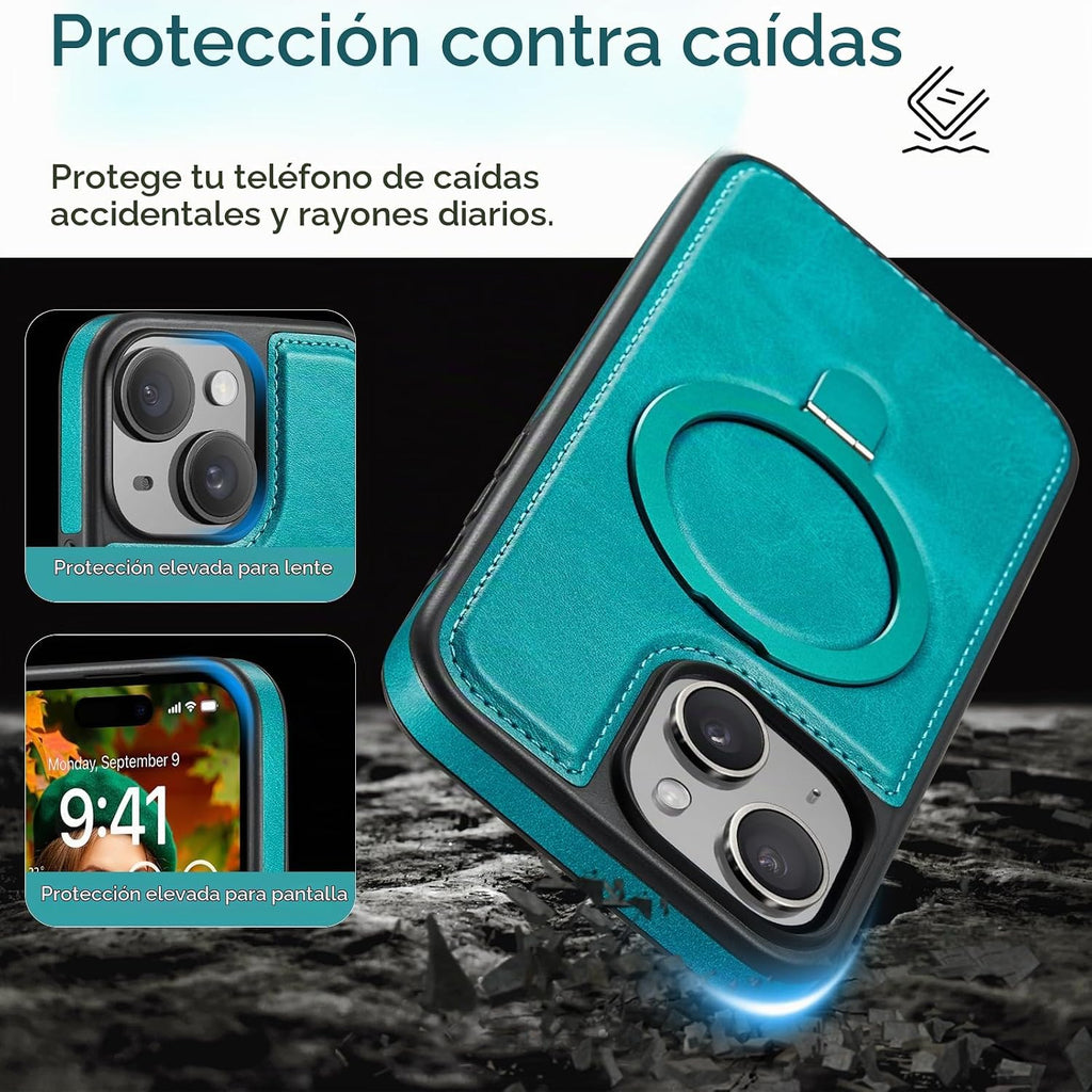 Funda para iPhone 15 con Soporte Compatible con MagSafe de Cuero PU Delgado y TPU Duradero a Prueba de Caídas Soporte Magnético Plegable Funda Protectora para Teléfono con Protector de