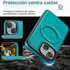 Funda para iPhone 15 con Soporte Compatible con MagSafe de Cuero PU Delgado y TPU Duradero a Prueba de Caídas Soporte Magnético Plegable Funda Protectora para Teléfono con Protector de