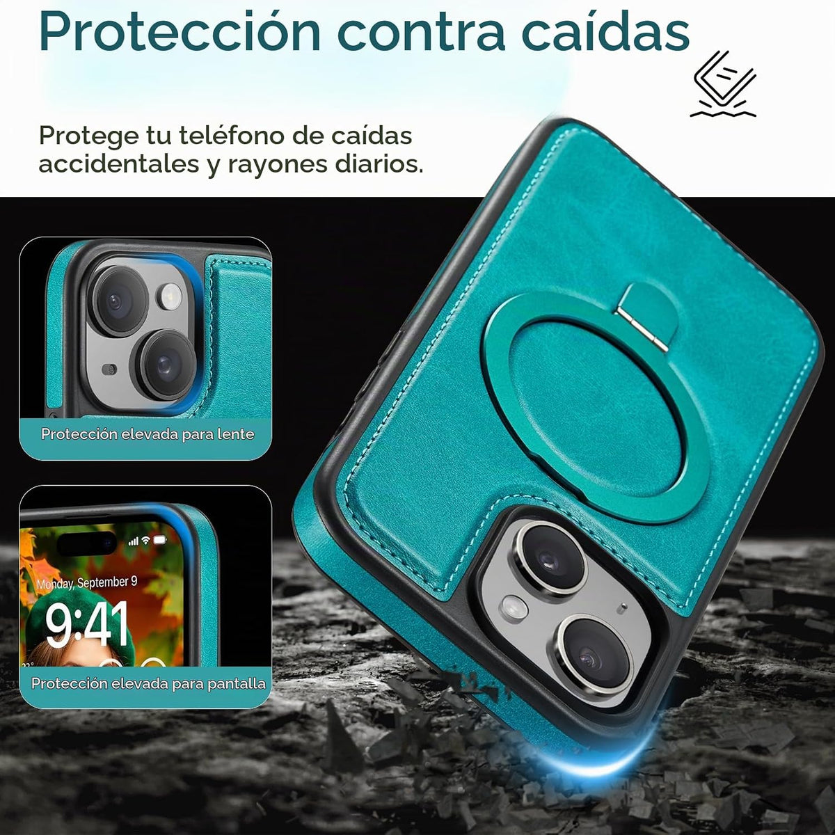 Funda para iPhone 15 con Soporte Compatible con MagSafe de Cuero PU Delgado y TPU Duradero a Prueba de Caídas Soporte Magnético Plegable Funda Protectora para Teléfono con Protector de
