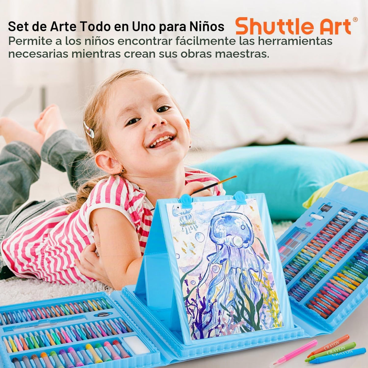 Shuttle Art Juego de Arte para Niños de 335 Piezas, Suministros de Arte Multimedia, Kit de Arte de Regalo con Caballete Tríptico, 2 Blocs de Dibujo, 2 Libros para Colorear, Pasteles al Óleo, Crayones
