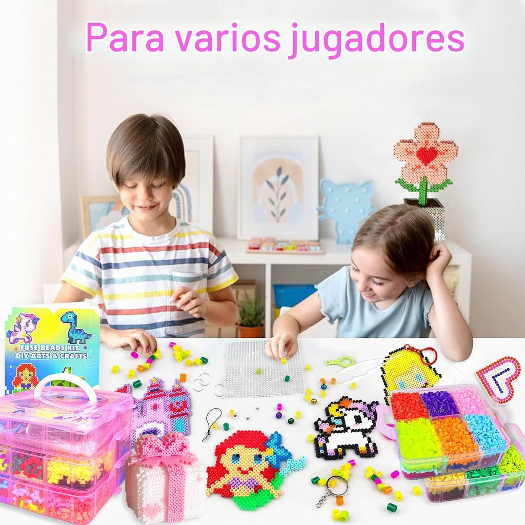 Kit de cuentas de fusible para niños, 11000 cuentas fusibles, 20 colores de 0.197 in, juego de manualidades con caja de almacenamiento, tableros de clavijas, papel de planchar y accesorios, juego de artes y manualidades, juguetes regalos para niñas y