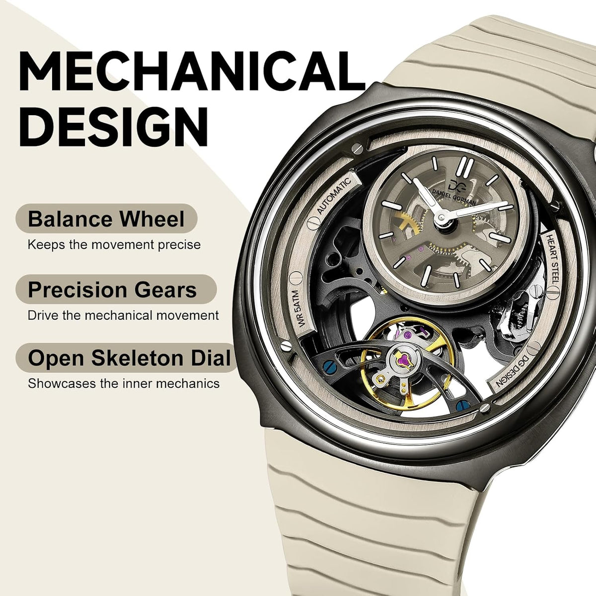 Reloj mecánico automático para hombre 1.693 in banda de silicona plateada