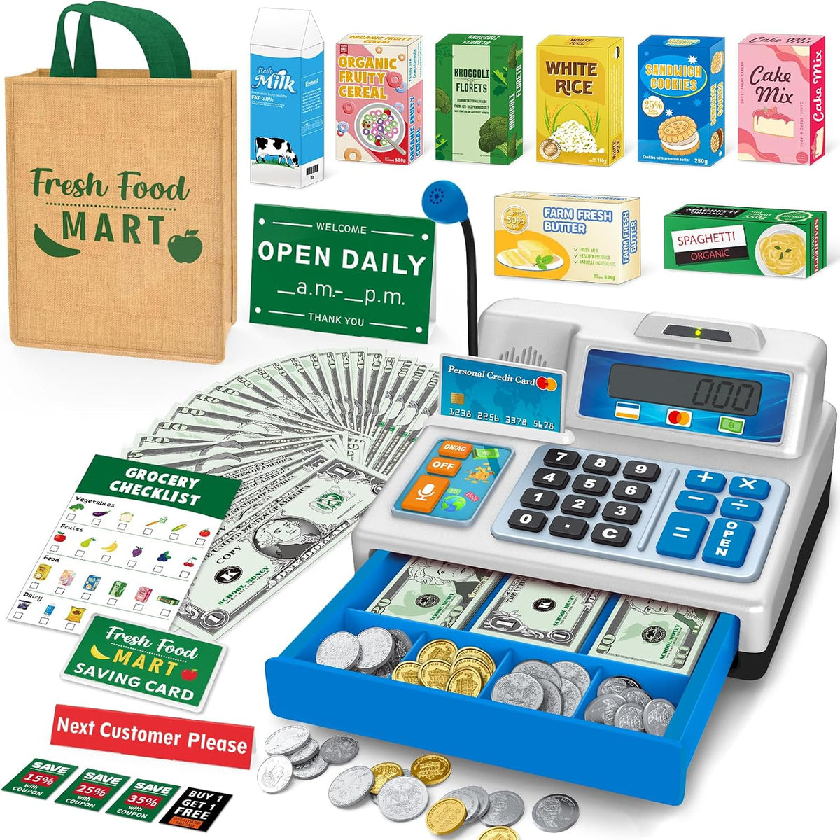 Juguete de caja registradora para niños, juego de 120 piezas de tienda de comestibles con tarjeta de crédito, cajas de comestibles, micrófono, calculadora, juguete de regalo para niños pequeños, gris