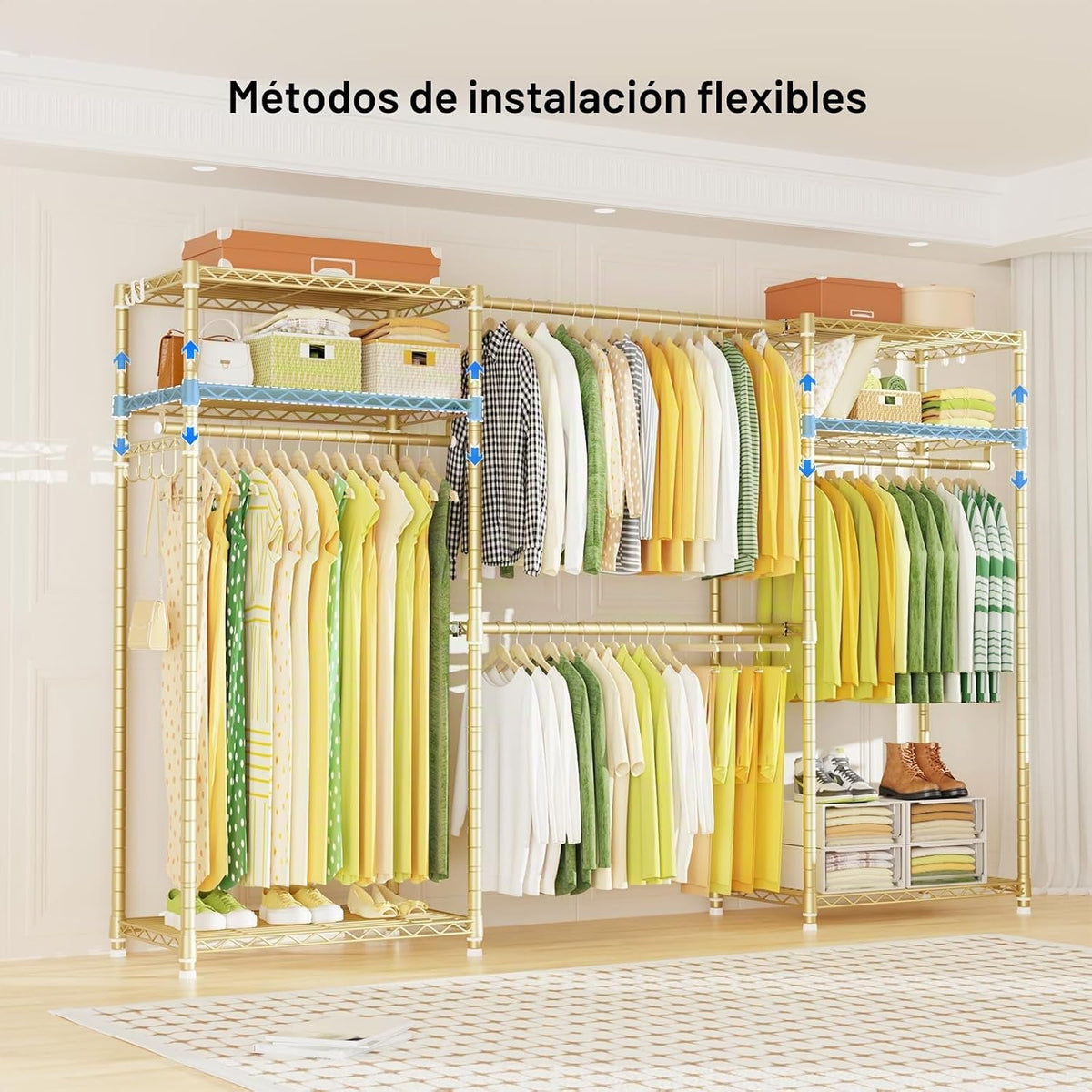 E1 - Perchero de armario resistente de 6 niveles, estante de ropa de metal ajustable y expandible de fácil montaje con 4 varillas para colgar, 71.4" de alto x (70" - 88.2") de largo x 14" de
