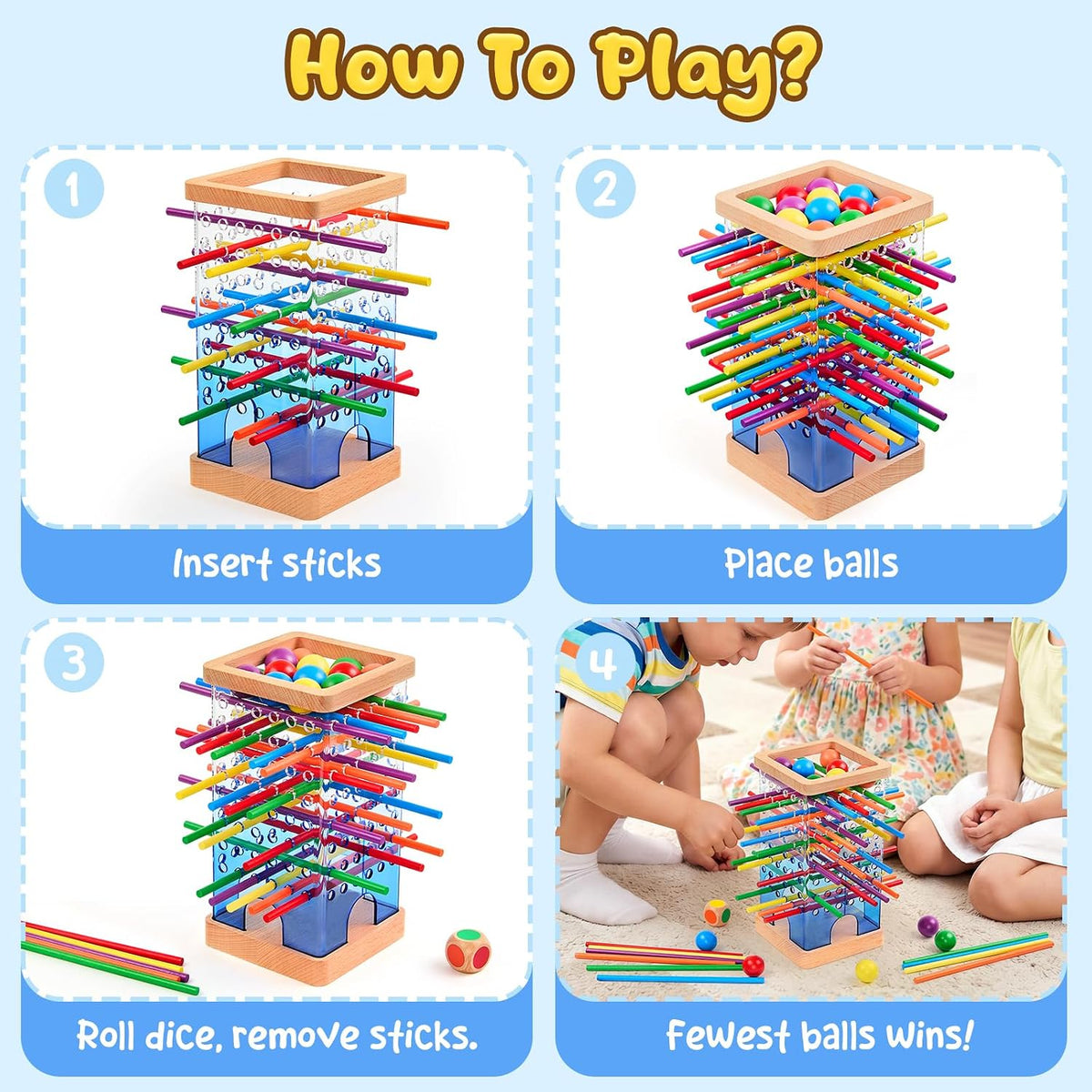 Montessori - Juego de mesa de madera para niños de 4 a 6 años, con 48 palos