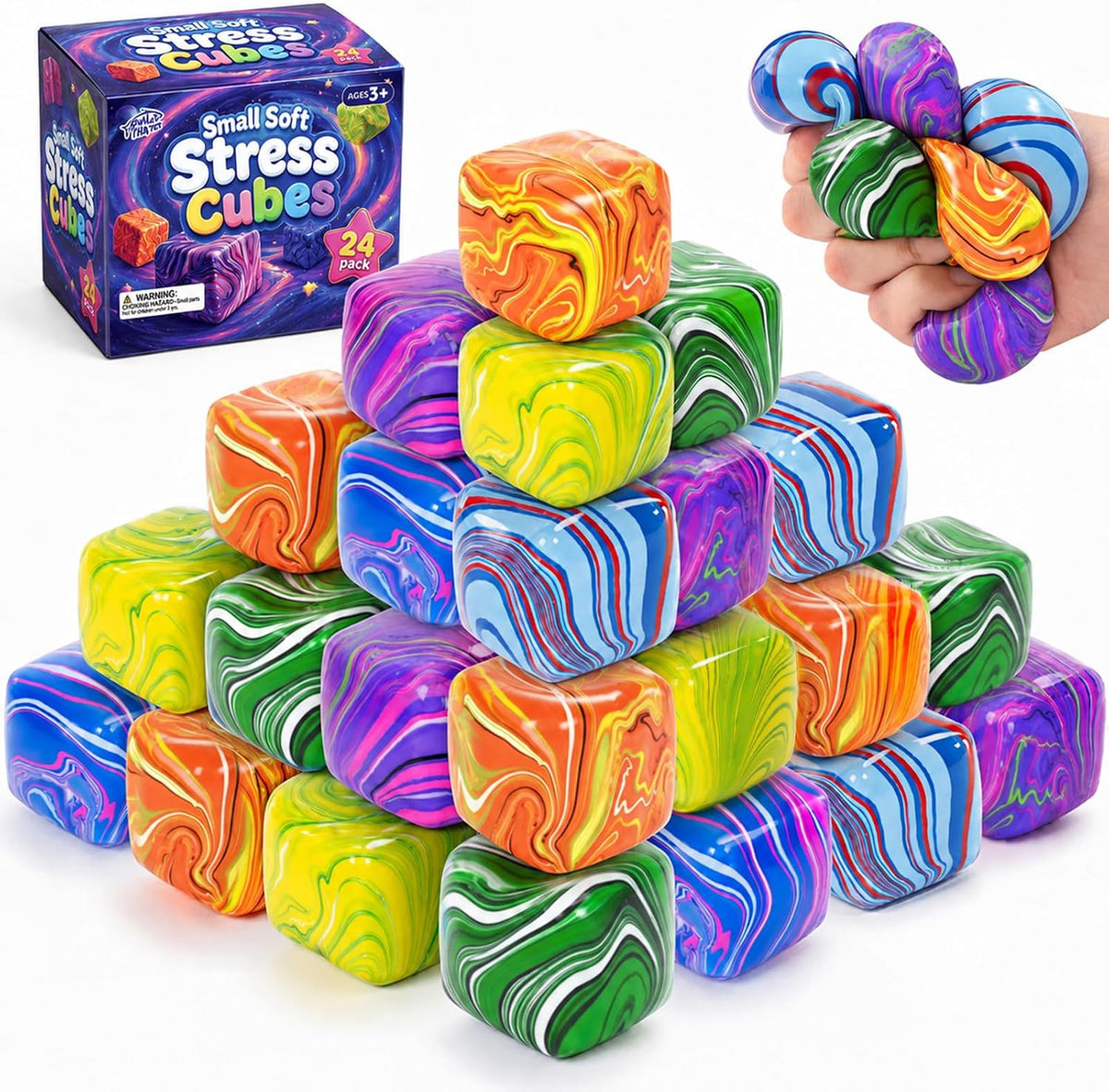 Paquete de 24 mini cubos de estrés para niños: 1.18 pulgadas, juguetes esponjosos de remolino colorido, juguetes sensoriales suaves de rebote rápido para premios silenciosos en el aula, recuerdos de