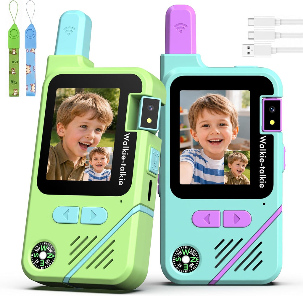 Walkie Talkies de video para niños, paquete de 2 con cámara giratoria de 180°, juguetes de largo alcance, recargable, clip y cordón, regalos de cumpleaños para niños y niñas de 3 a 12 años, interiores