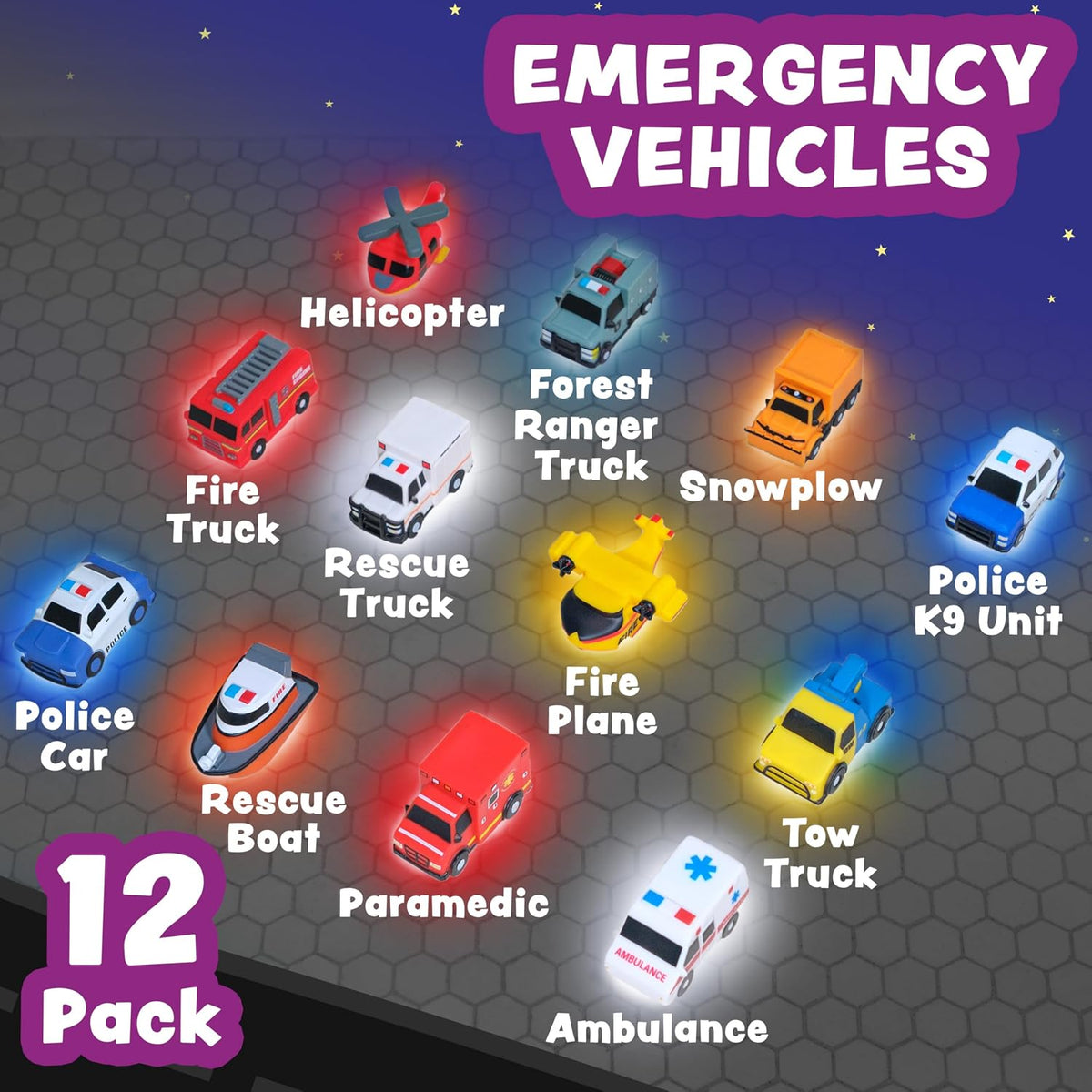 Tub Works® Emergency™ Cars - Juguetes de baño iluminados, paquete de 12 | Juguetes iluminados activados por agua que parpadean y cambian de color | Juguetes de baño para bebés y niños pequeños de fácil agarre | Juguetes sensoriales con luces de baño para