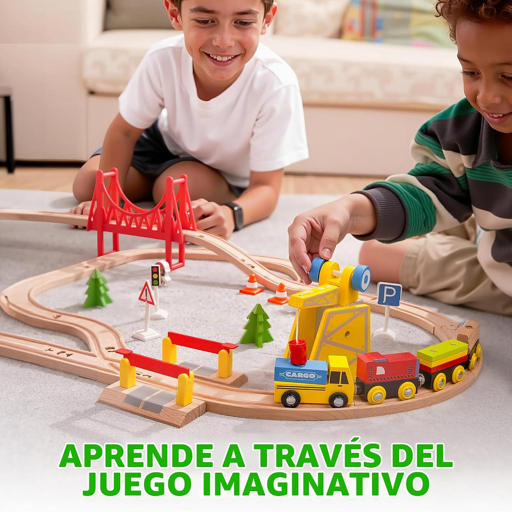 Juego de trenes de madera de 60 piezas, trenes magnéticos de juguete con pista de madera para niños de 3 a 8 años, juego de tren de grúa de construcción, regalo perfecto de cumpleaños de Pascua para nietos, niños y niñas