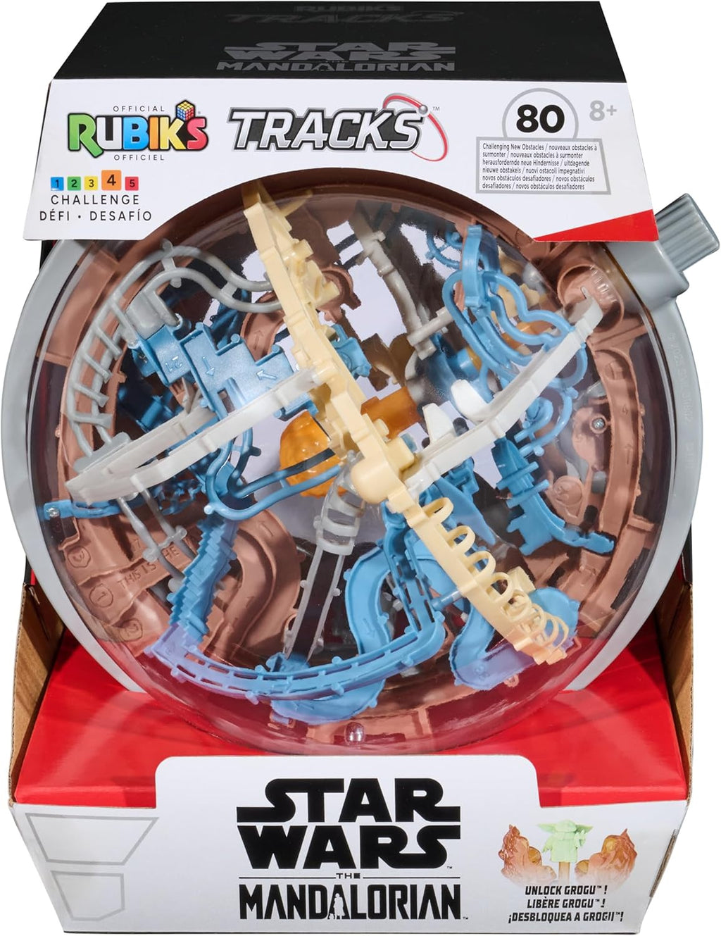 Rubik's Cube, Rubik's Tracks Star Wars, Laberinto de gravedad 3D con temática de Mandalorian y rompecabezas 3D con 80 obstáculos, Grogu en miniatura en el interior, juguete antiestrés desafiante