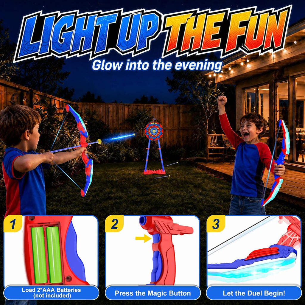 TIGTECGAME Arco y flecha para niños con objetivo desplegable de pie, paquete de 2 juguetes de tiro con luz LED con 20 flechas de ventosa, juegos deportivos para interiores y exteriores y regalos de