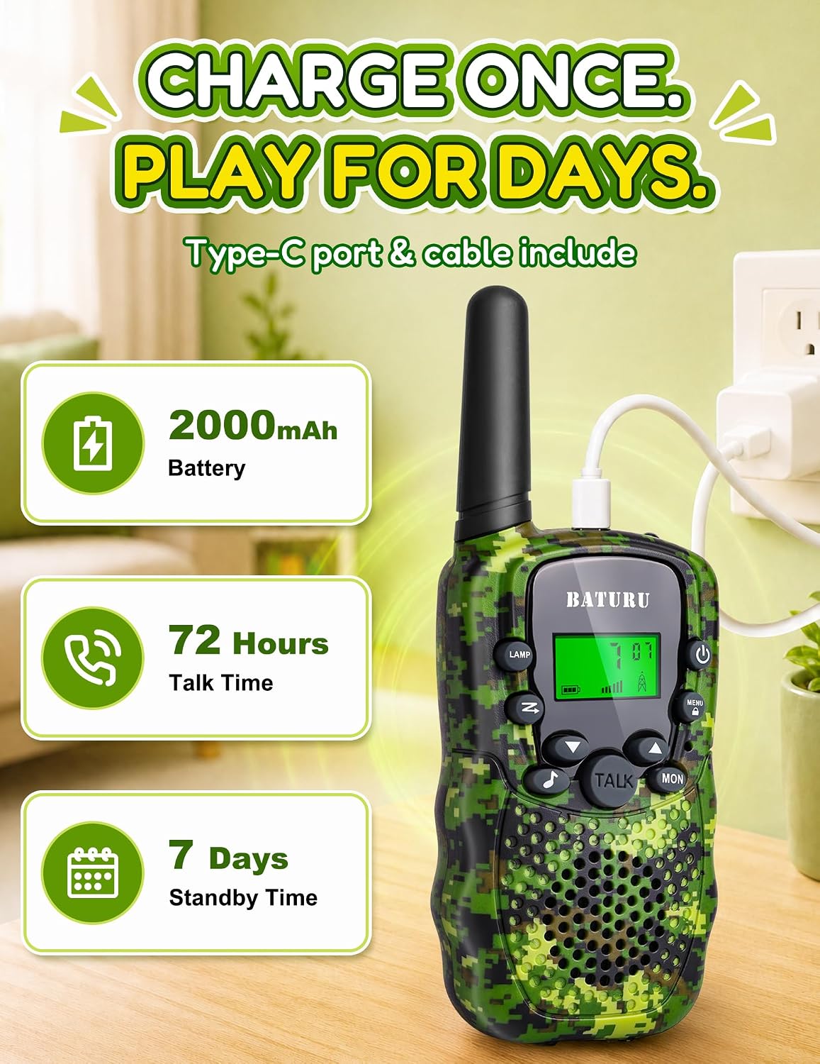 Walkie Talkies para niños, paquete de 4 juguetes recargables para